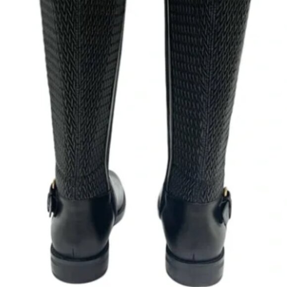 Cole Haan Clover Black Leather Riding Boots Stretch Gold Buckle Tall 7.5 NEW - Picture 3 of 5